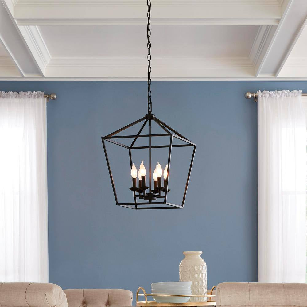 Weyburn 6-Light Black and Faux Wood Farmhouse Chandelier Light Fixture with Caged Metal Shade