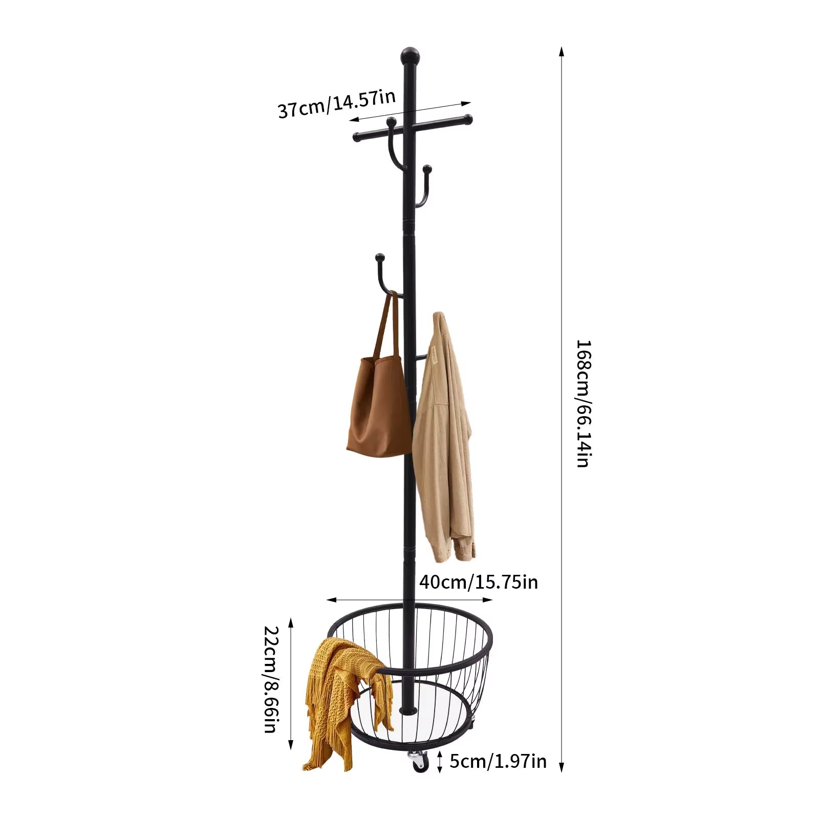 Standing Coat and Hat Hanger Organizer Rack with Mobile Wheel, Entryway Coat Hanger Stand with Storage Basket, Chic Home Tools