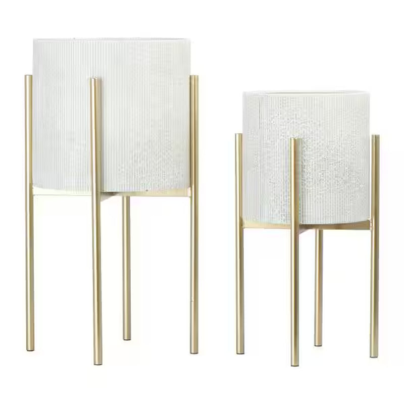 Round White and Gold Iron Floor Planters with Stands (2-Pack)