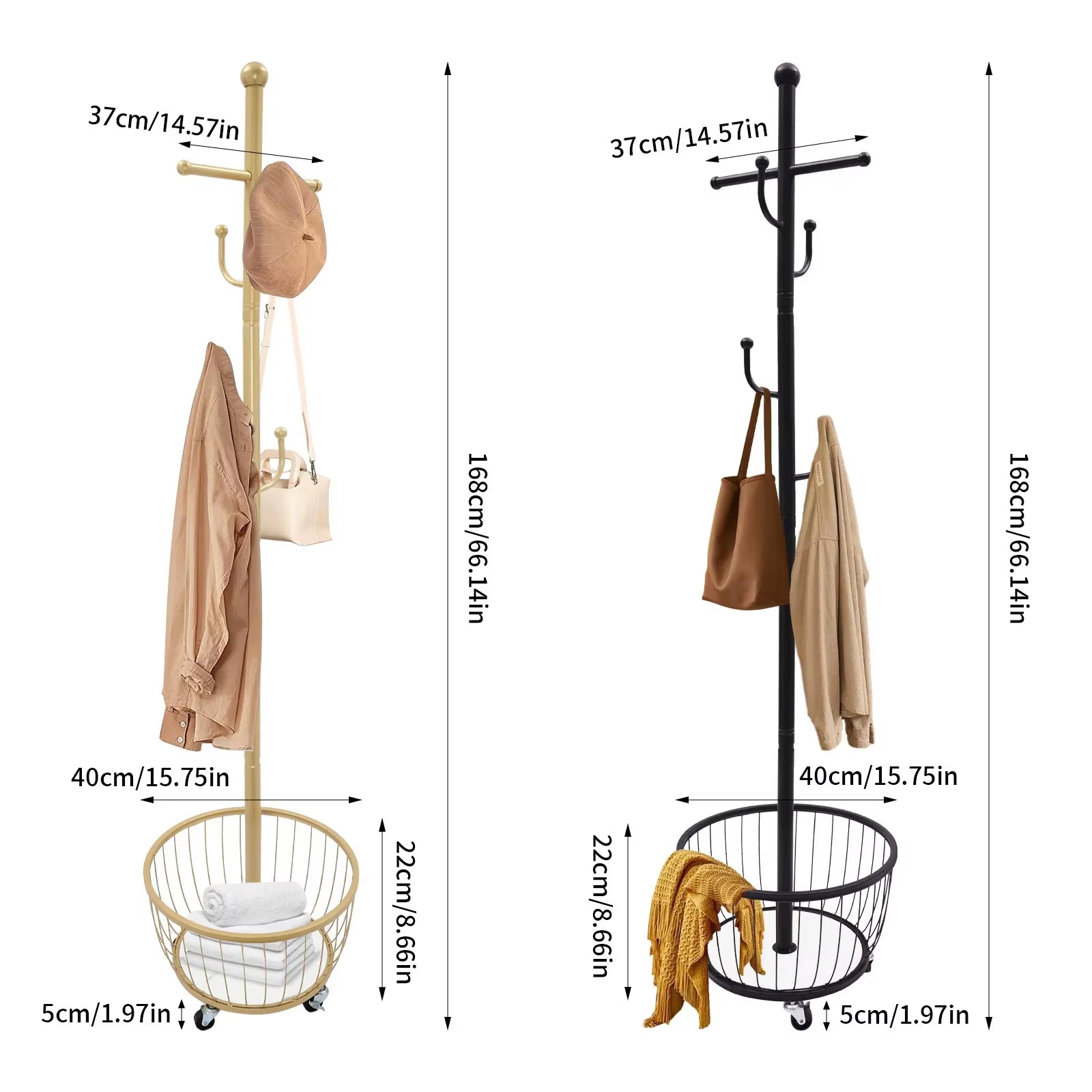 Standing Coat and Hat Hanger Organizer Rack with Mobile Wheel, Entryway Coat Hanger Stand with Storage Basket, Chic Home Tools