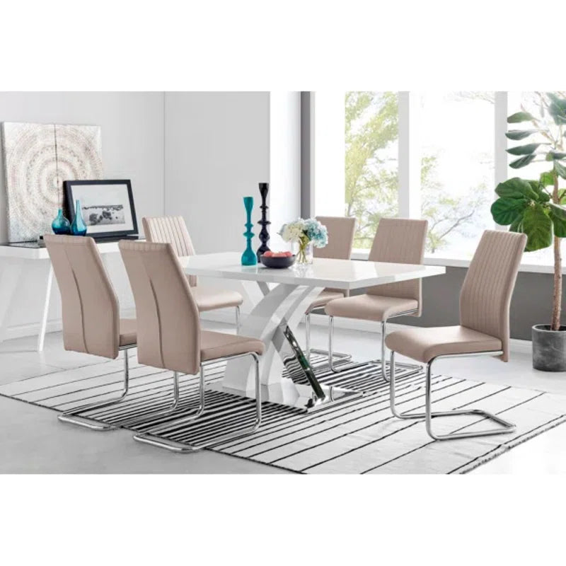 Edzard Chrome & White High Gloss Dining Table Set with 6 Luxury Faux Leather Dining Chairs