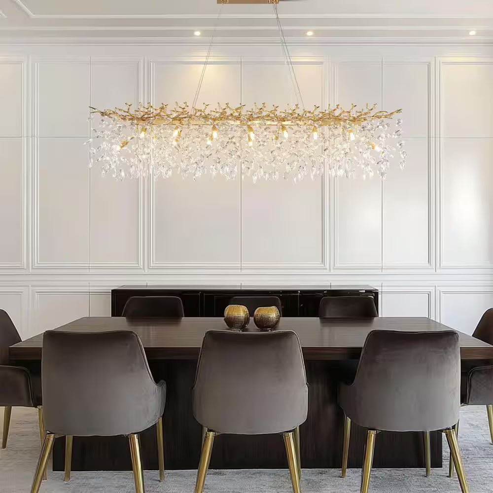 47.2 In. Modern 14-Lights Gold Luxury Crystal Linear Chandelier for Dining Room