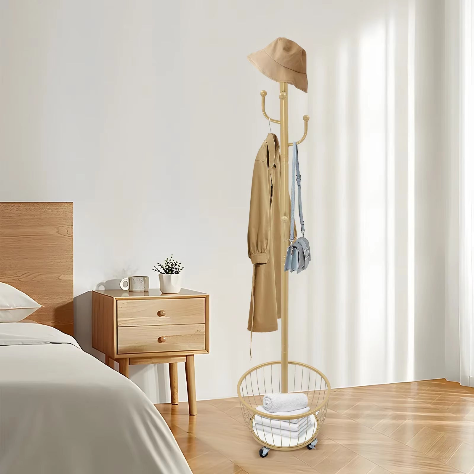 Standing Coat and Hat Hanger Organizer Rack with Mobile Wheel, Entryway Coat Hanger Stand with Storage Basket, Chic Home Tools