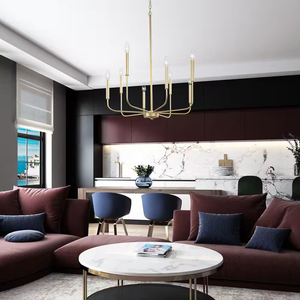Modern Gold Candlestick Island Chandelier Transitional 8-Light Pale Brass Pendant Light for Kitchen Bedroom Dining Area
