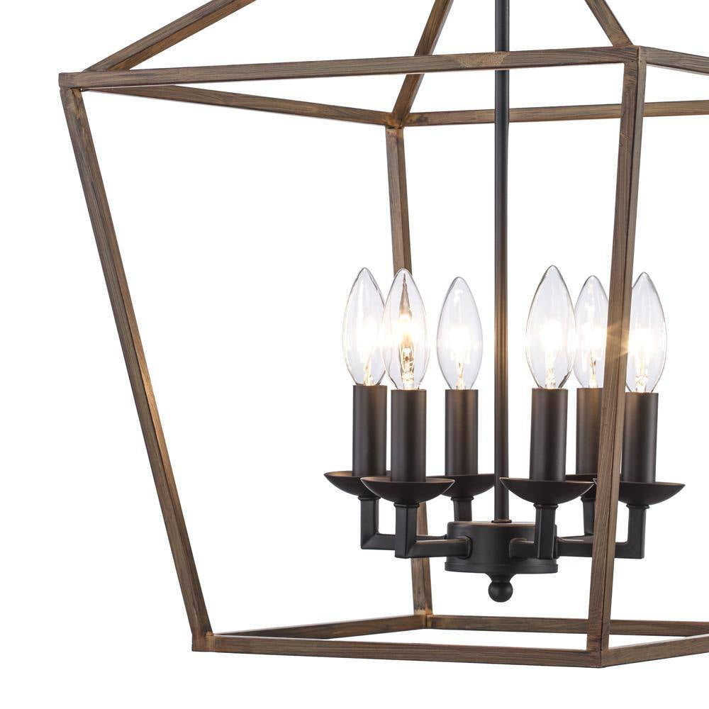 Weyburn 6-Light Black and Faux Wood Farmhouse Chandelier Light Fixture with Caged Metal Shade