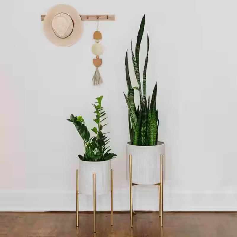Round White and Gold Iron Floor Planters with Stands (2-Pack)