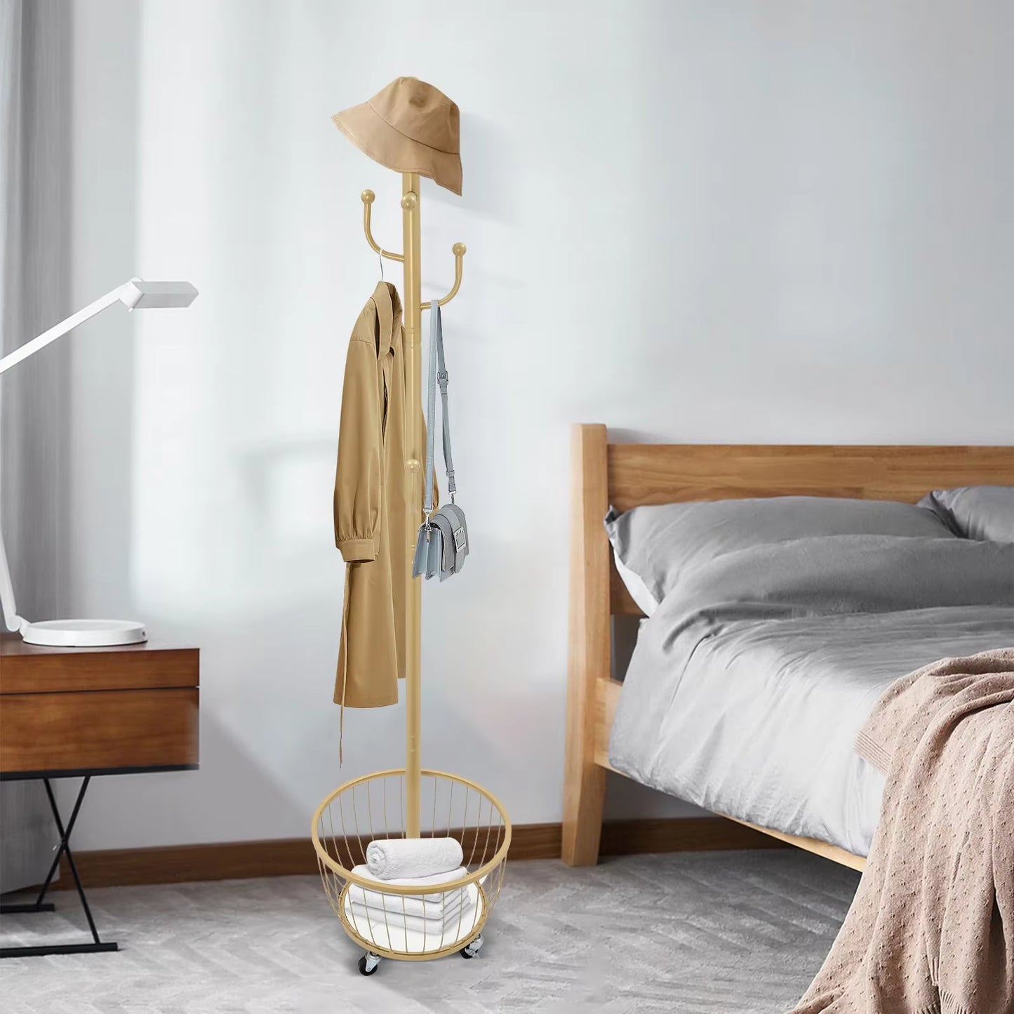 Standing Coat and Hat Hanger Organizer Rack with Mobile Wheel, Entryway Coat Hanger Stand with Storage Basket, Chic Home Tools