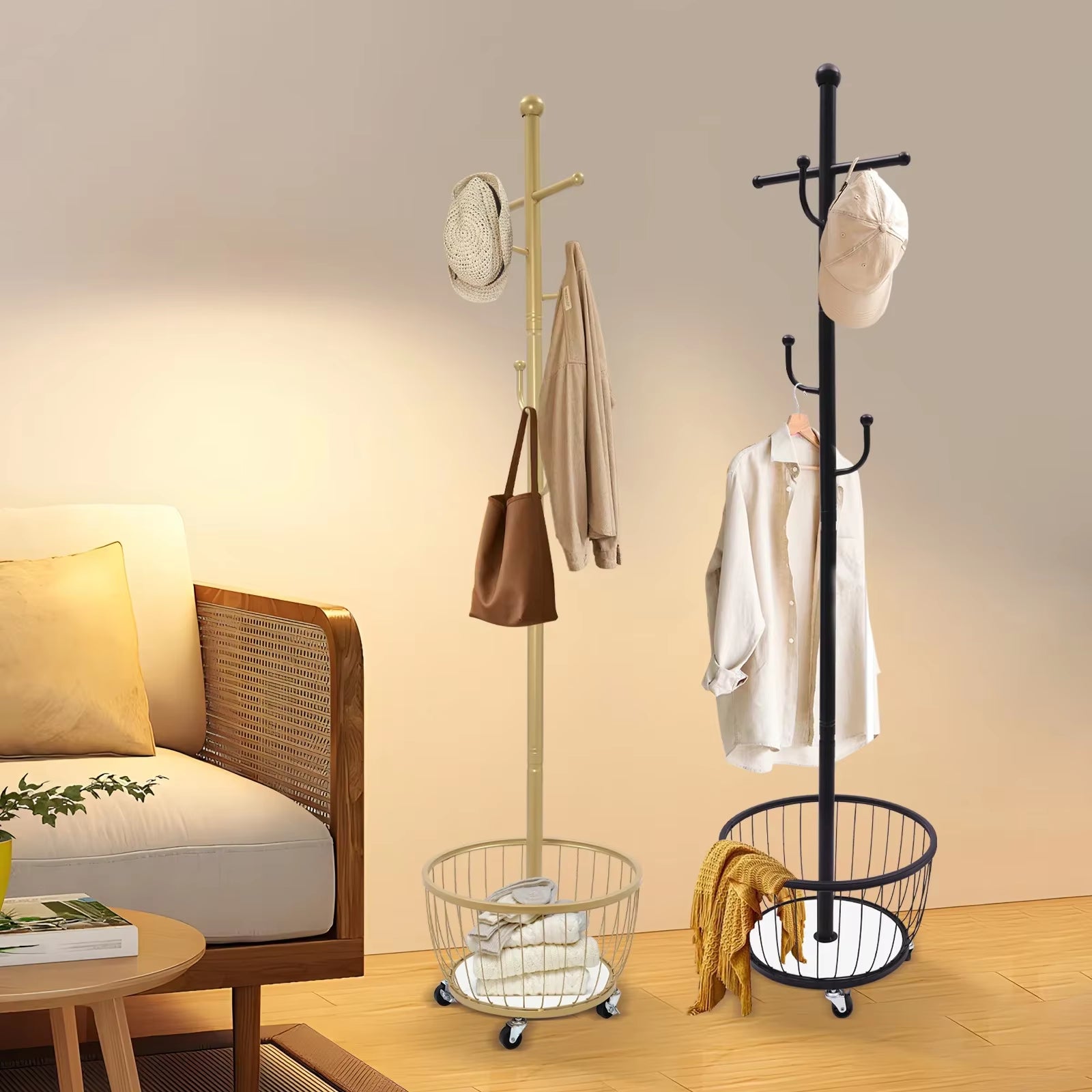 Standing Coat and Hat Hanger Organizer Rack with Mobile Wheel, Entryway Coat Hanger Stand with Storage Basket, Chic Home Tools