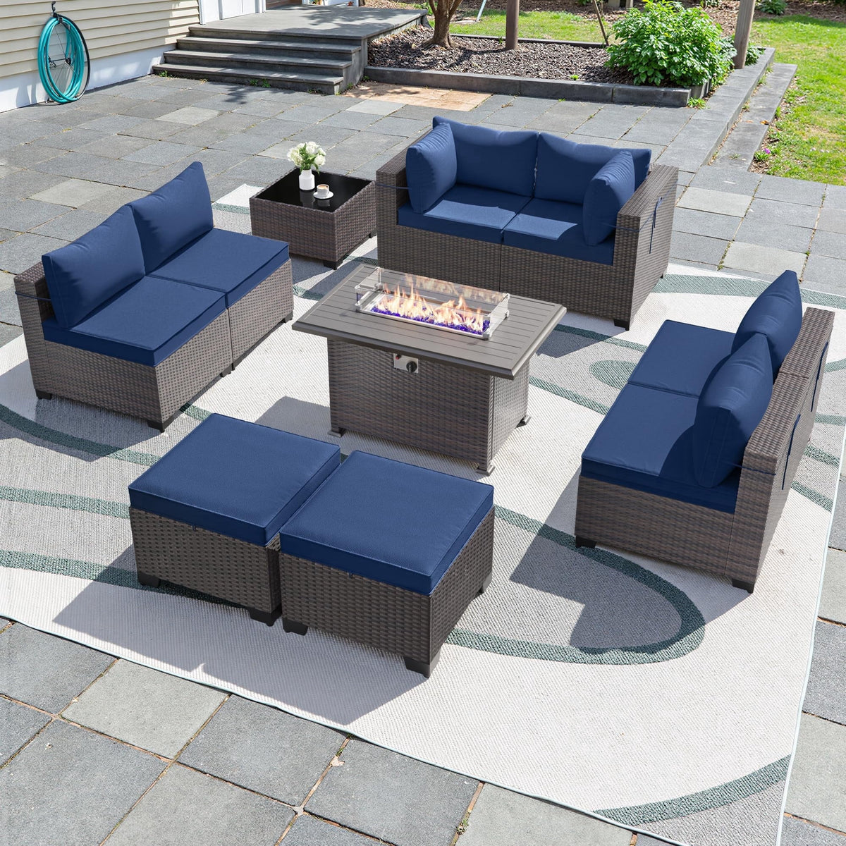 13-Piece Patio Collection Rattan Wicker Set with Fire Pit Table & Swivel Rocking Chairs