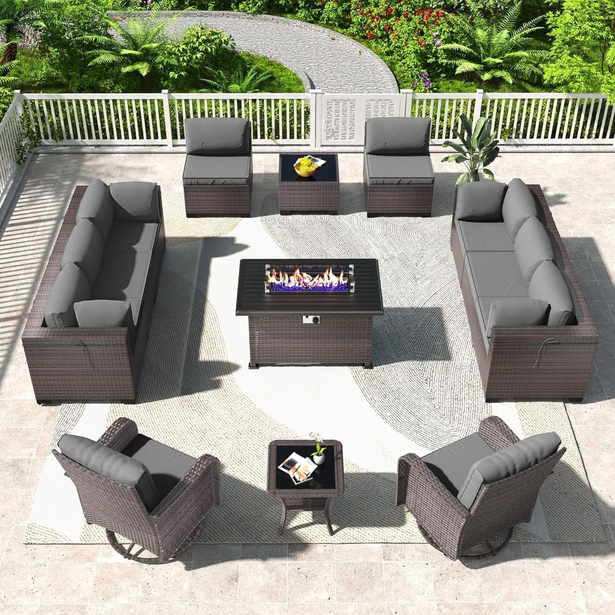 13-Piece Patio Collection Rattan Wicker Set with Fire Pit Table & Swivel Rocking Chairs