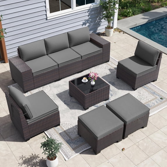 Rattan Wicker Patio Furniture Set with Fire Pit Table & Swivel Rocking Chairs