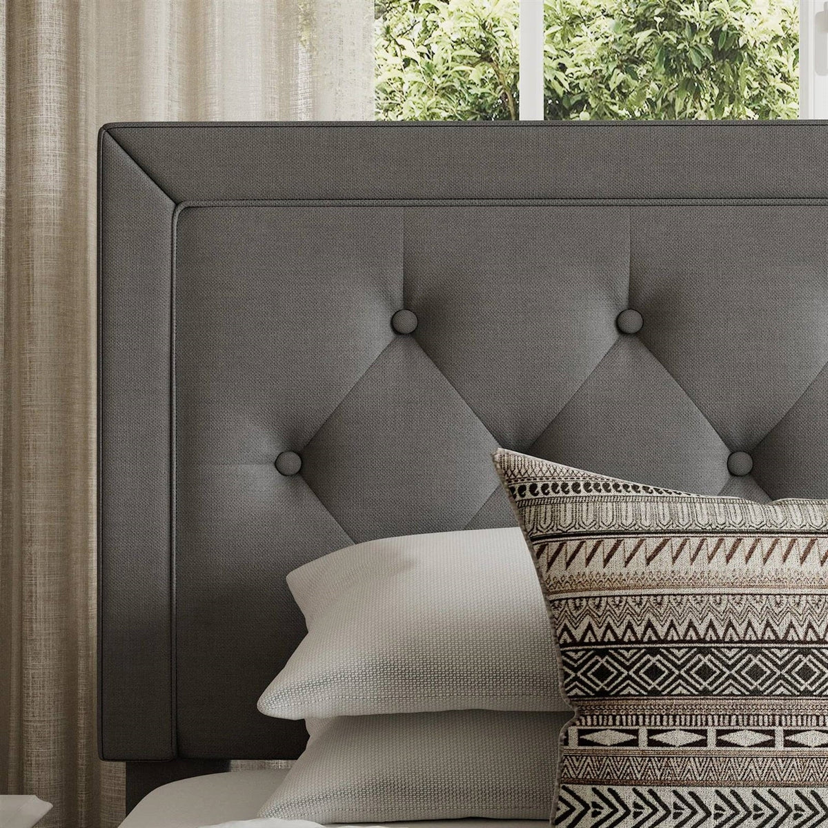 Full size Grey Linen Upholstered Platform Bed Frame with Button-Tufted Headboard