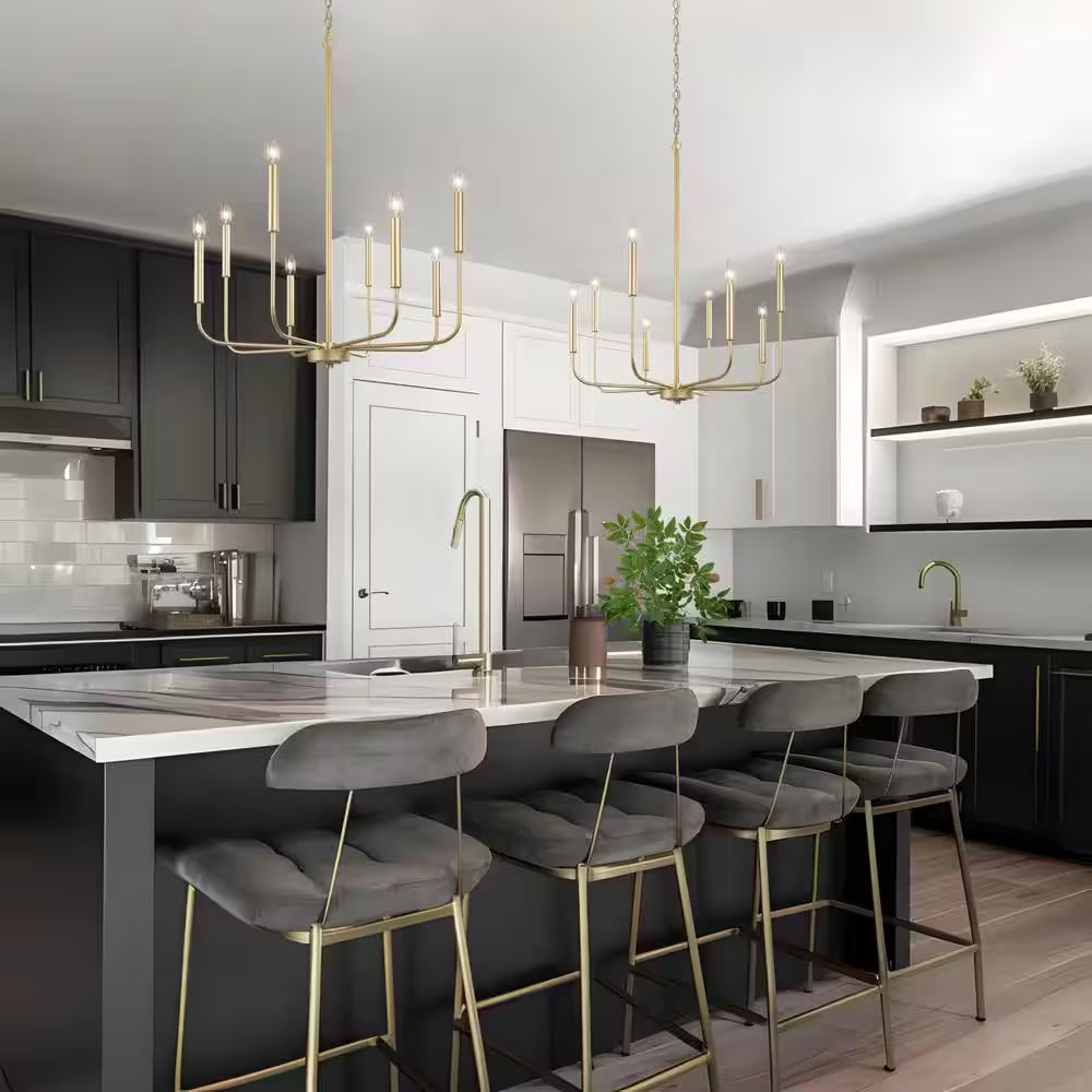 Modern Gold Candlestick Island Chandelier Transitional 8-Light Pale Brass Pendant Light for Kitchen Bedroom Dining Area