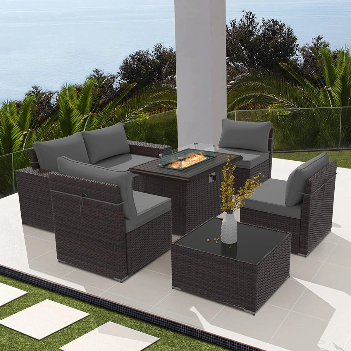 Rattan Wicker Patio Furniture Set with Fire Pit Table & Swivel Rocking Chairs