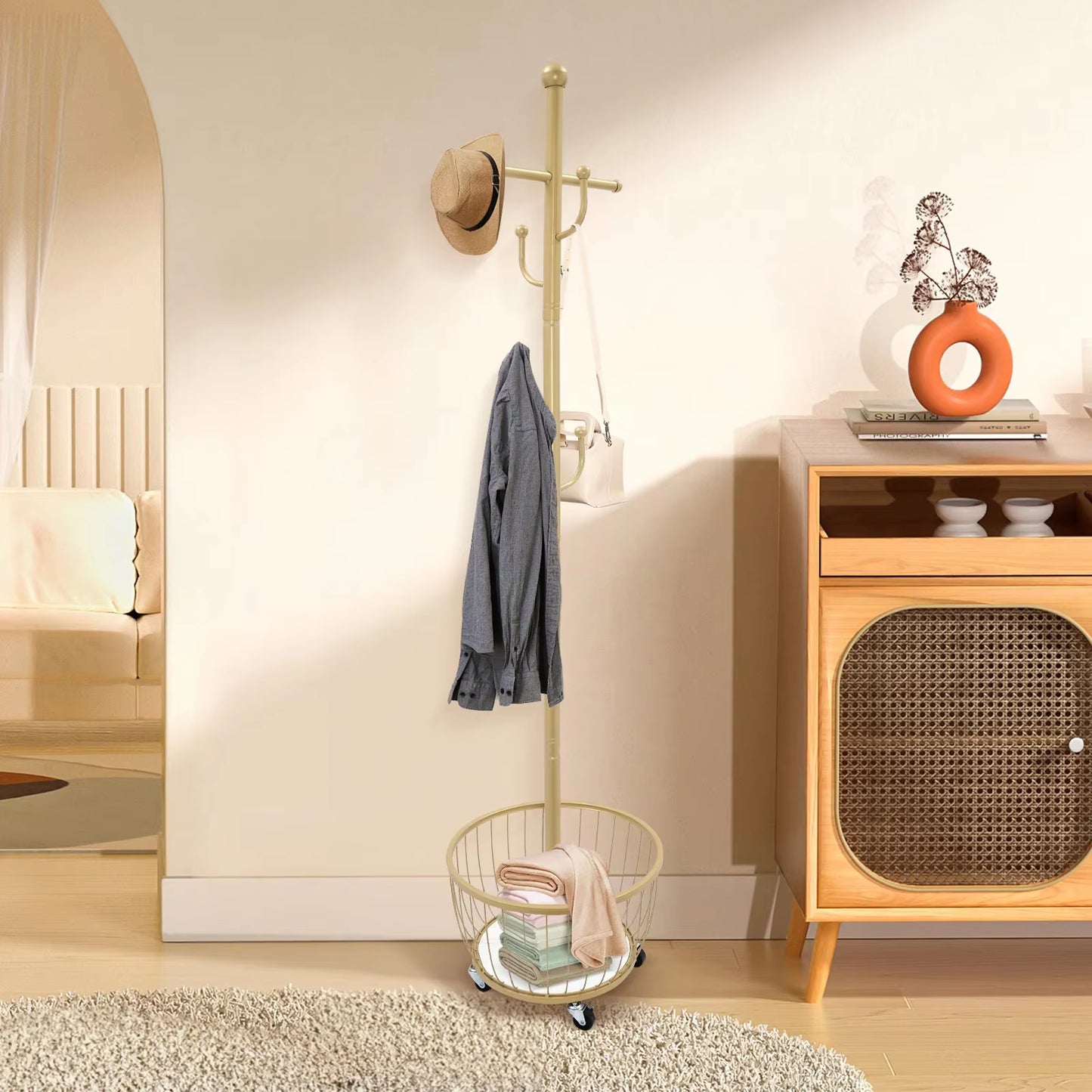 Standing Coat and Hat Hanger Organizer Rack with Mobile Wheel, Entryway Coat Hanger Stand with Storage Basket, Chic Home Tools