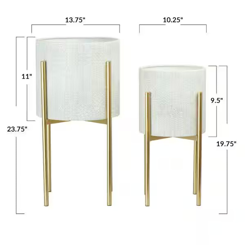 Round White and Gold Iron Floor Planters with Stands (2-Pack)