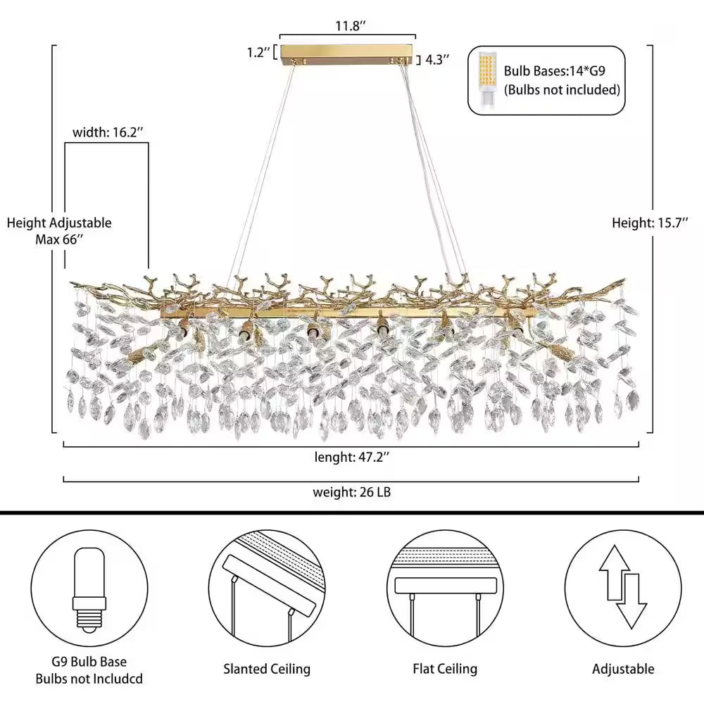 47.2 In. Modern 14-Lights Gold Luxury Crystal Linear Chandelier for Dining Room