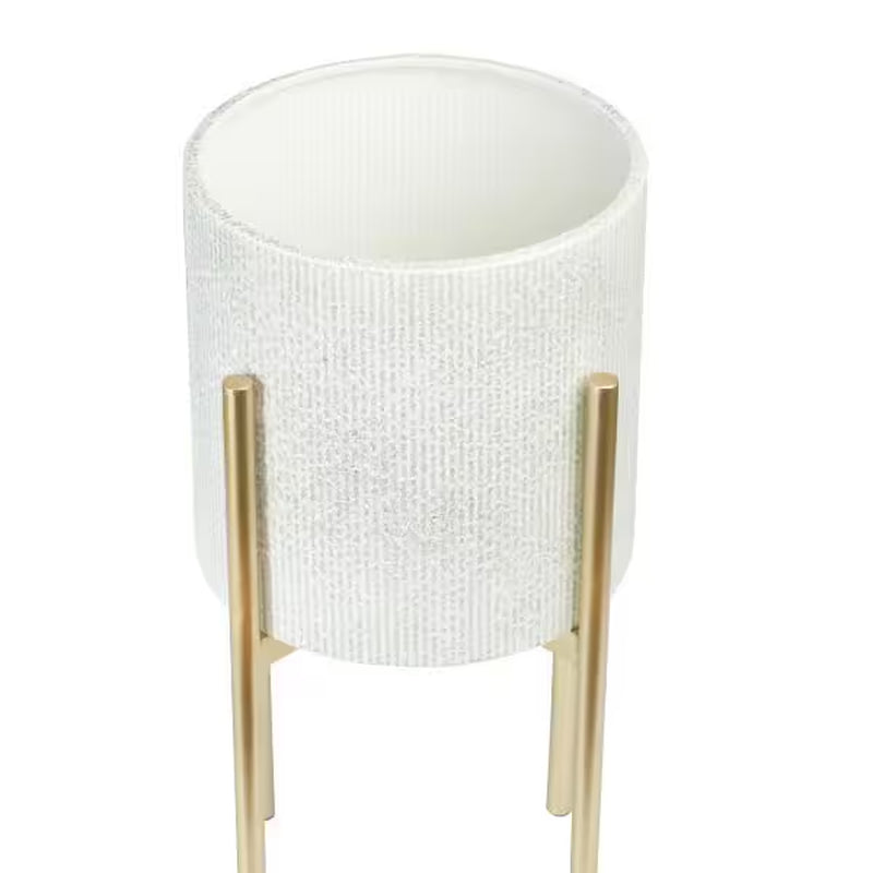 Round White and Gold Iron Floor Planters with Stands (2-Pack)