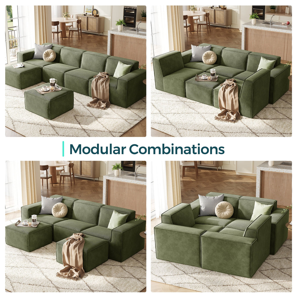 Oversized Modular Sectional Sofa, U-Shaped Cloud Sofa Couch with Corduroy Fabric, 4 Seat Sponge Sofa for Living Room, No Assembly Required, Green