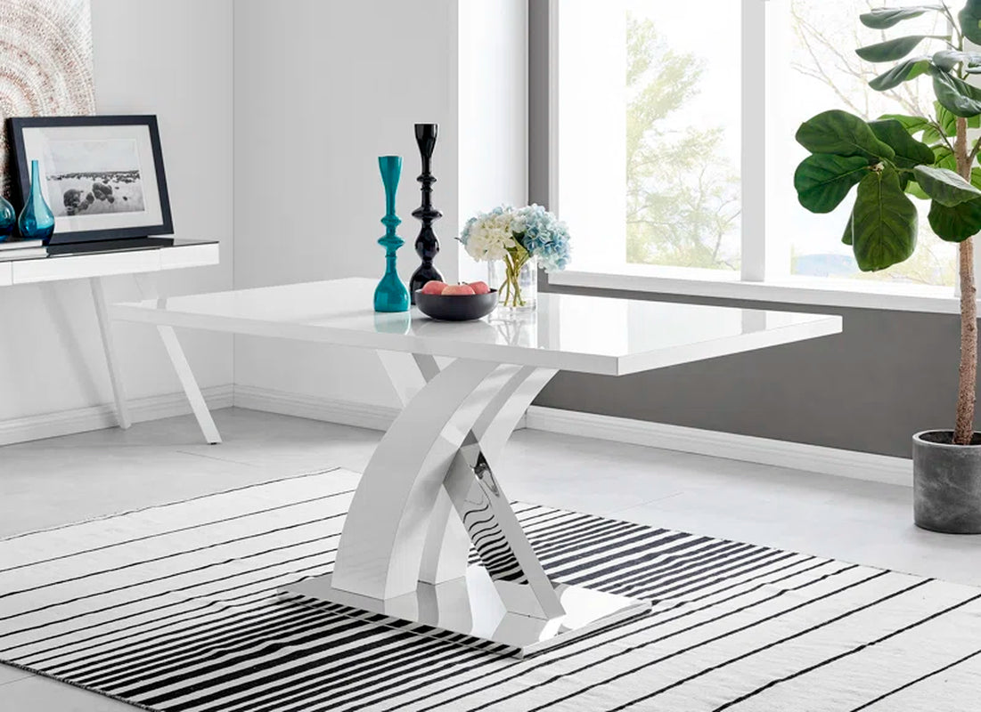 Edzard Chrome & White High Gloss Dining Table Set with 6 Luxury Faux Leather Dining Chairs